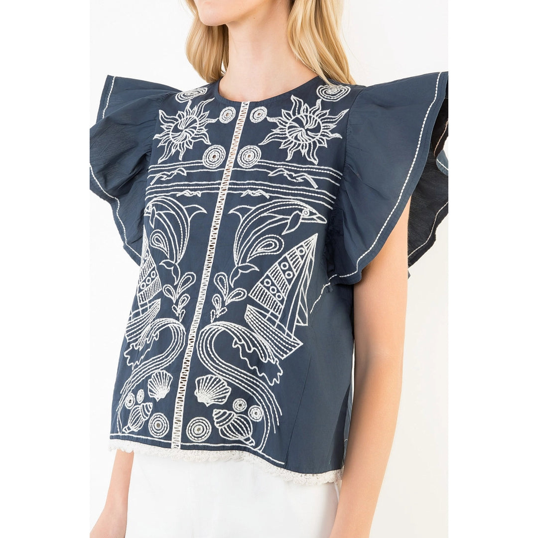 RUFFLE SLEEVES EMBROIDERY DETAIL TOP