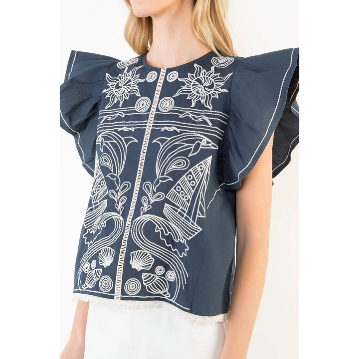 RUFFLE SLEEVES EMBROIDERY DETAIL TOP
