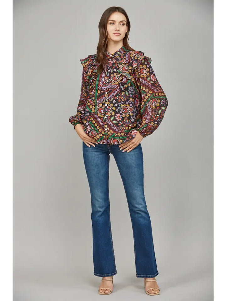 RUFFLE DETAIL STAND COLLAR BLOUSE