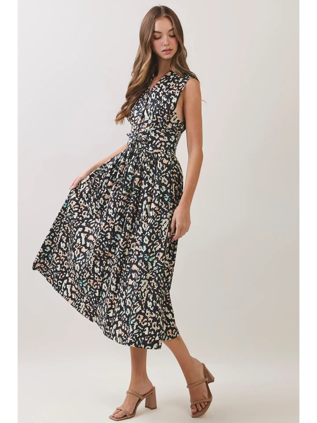 ANIMAL PRINT BELTED SNAP BUTTON CLOSURE MIDI DRESS