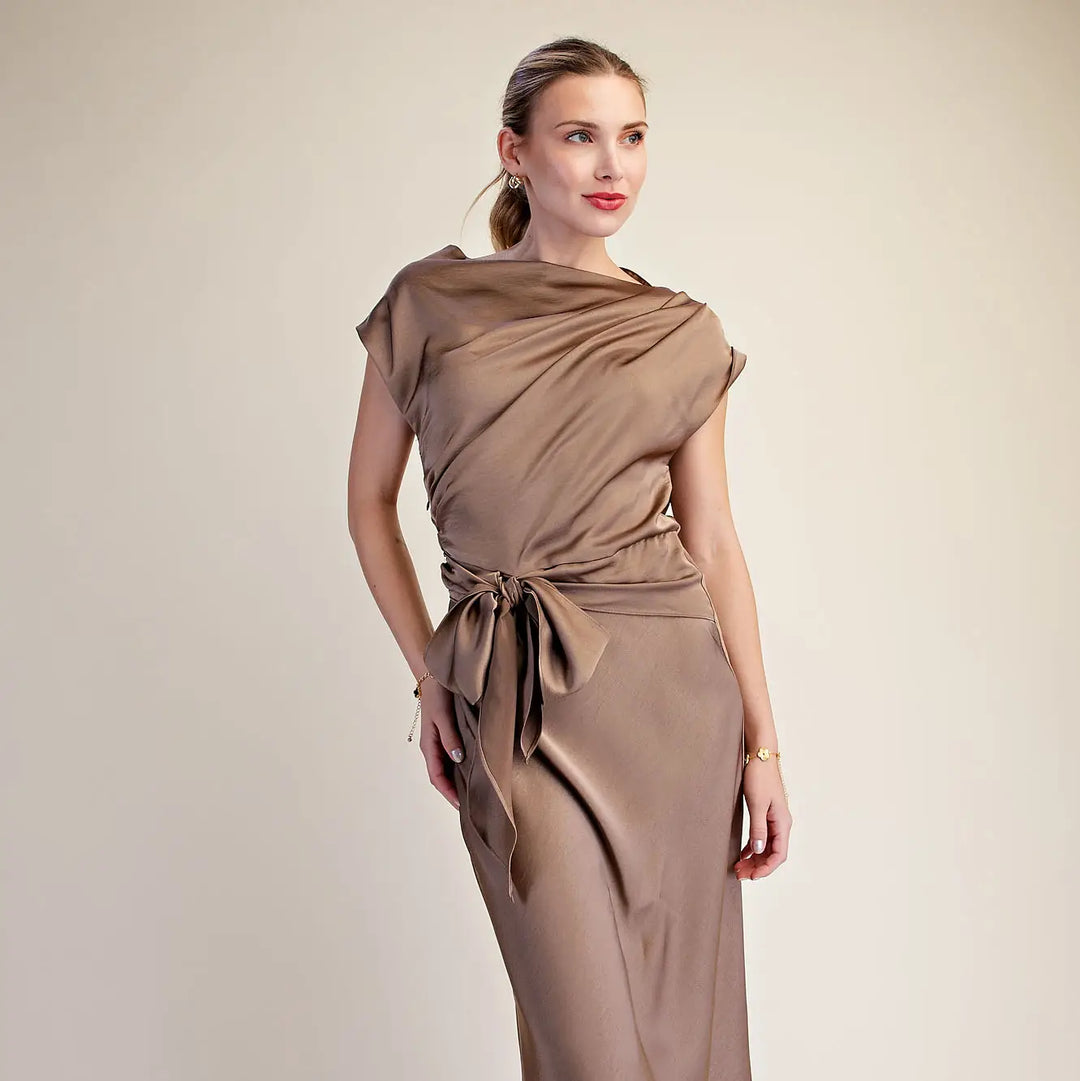 ASYMMETRICAL WAIST TIE MIDI DRESS