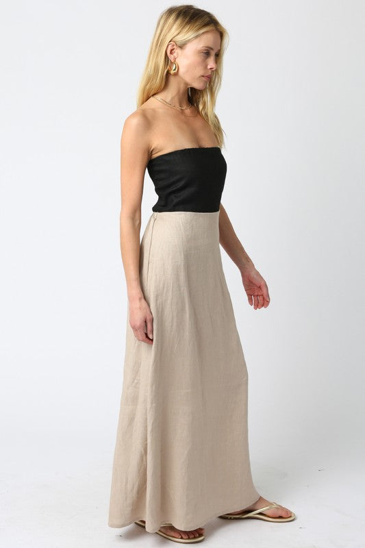 MEI CONTRAST STRAPLESS LINEN MAXI DRESS