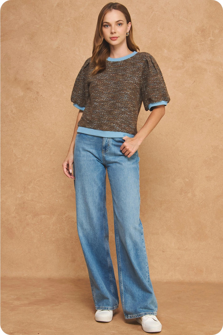 MARLED RIBBED CONTRAST SHORT PUFF SLEEVE SWEATER TOP