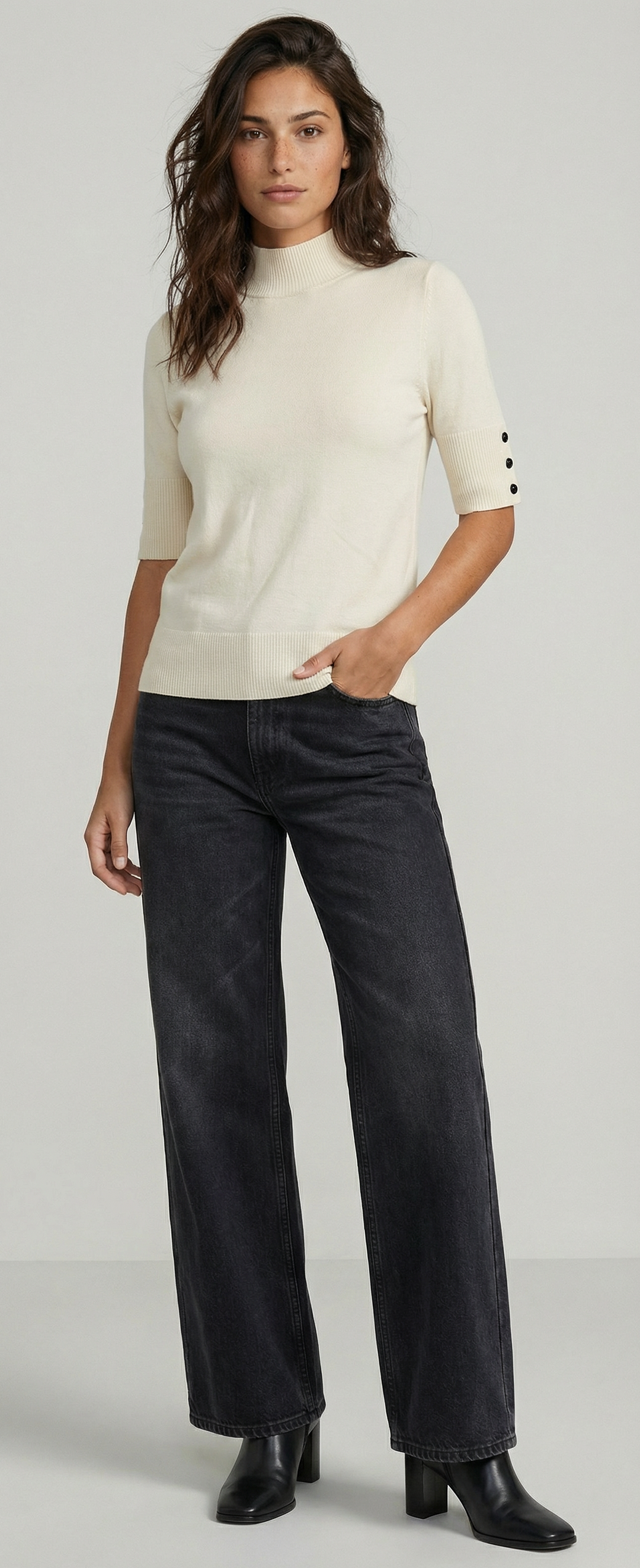 SHORT SLEEVE MOCK NECK WITH BUTTON SLEEVE