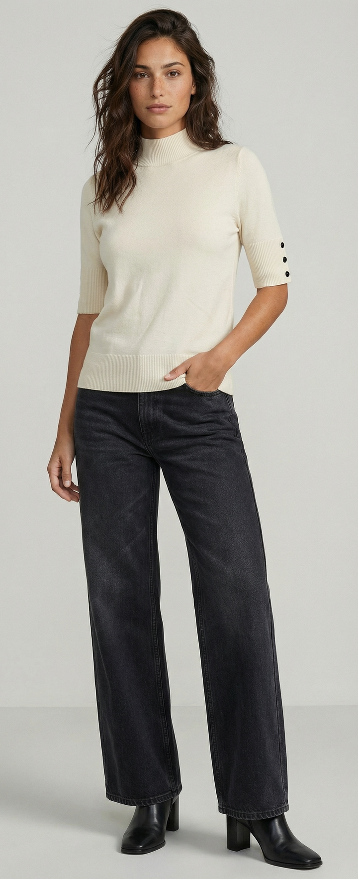 SHORT SLEEVE MOCK NECK WITH BUTTON SLEEVE