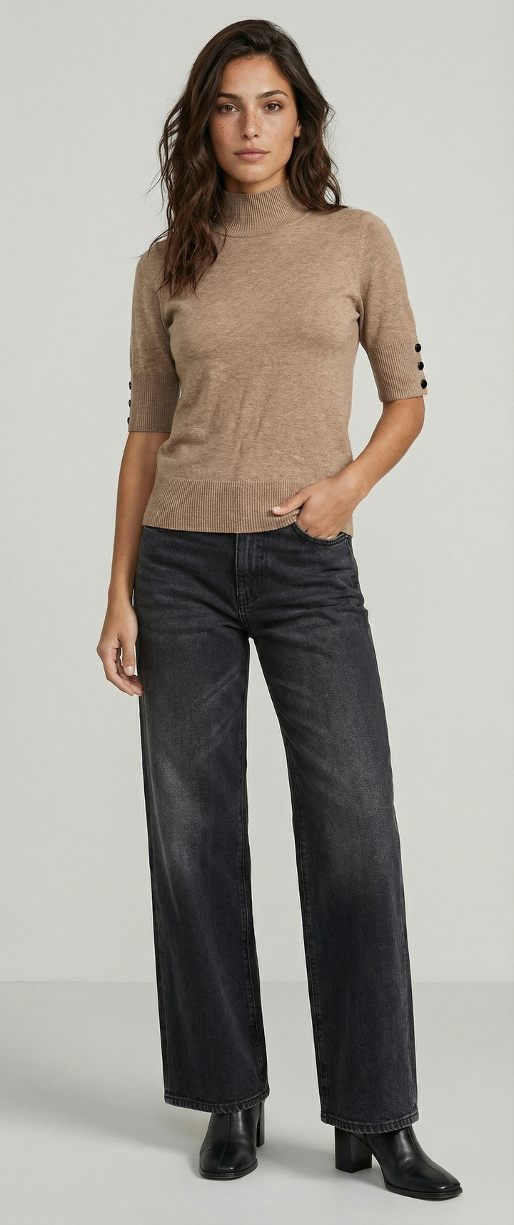 SHORT SLEEVE MOCK NECK WITH BUTTON SLEEVE