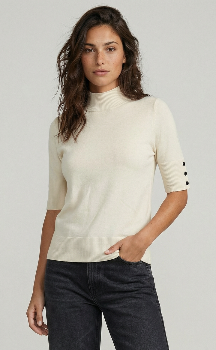 SHORT SLEEVE MOCK NECK WITH BUTTON SLEEVE