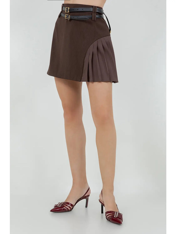CONTRAST PLEATING DOUBLE BELT LOOP MINI SKIRT