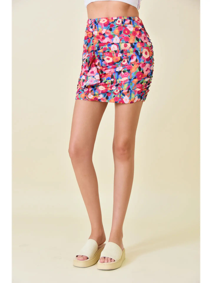 FLORAL PRINT RUFFLED RUCHED MINI SKIRT