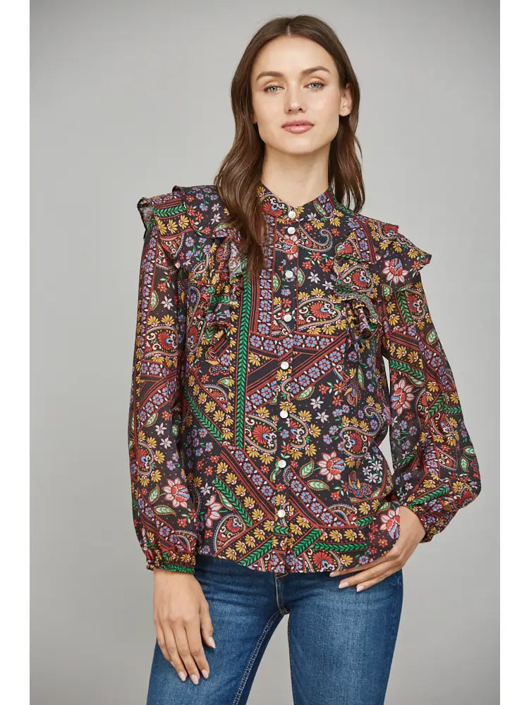 RUFFLE DETAIL STAND COLLAR BLOUSE