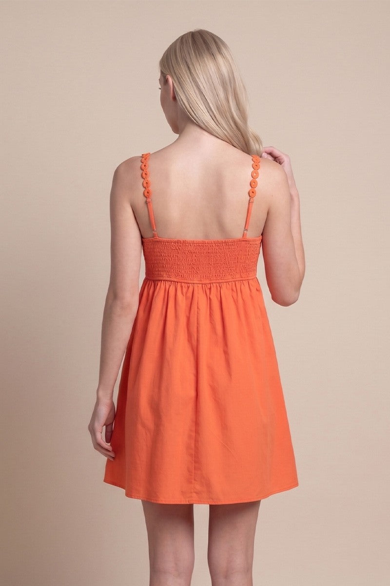 CROCHET RING DETAIL SLEEVELESS LINEN MINI DRESS