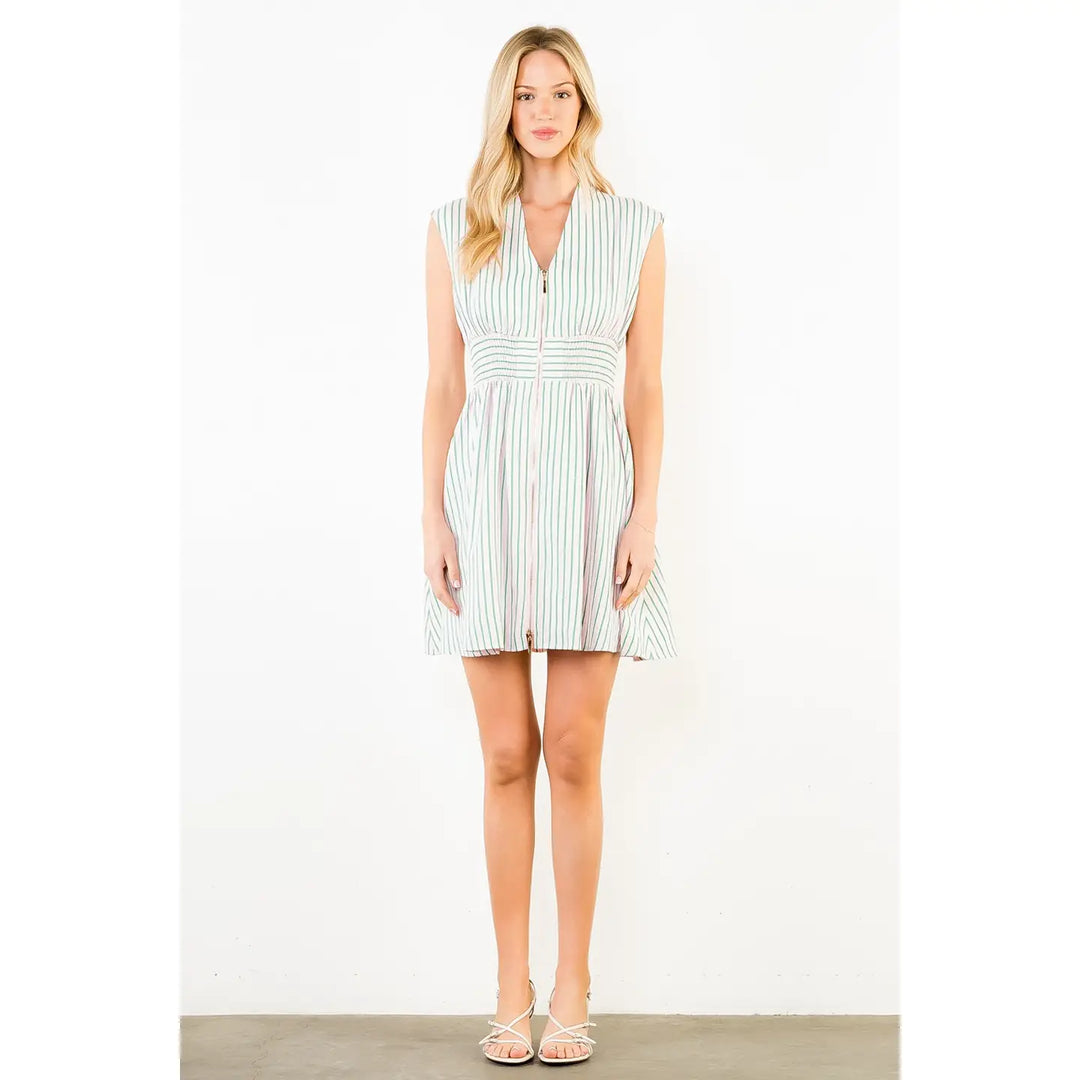 SLEEVELESS ZIP FRONT STRIPE DRESS