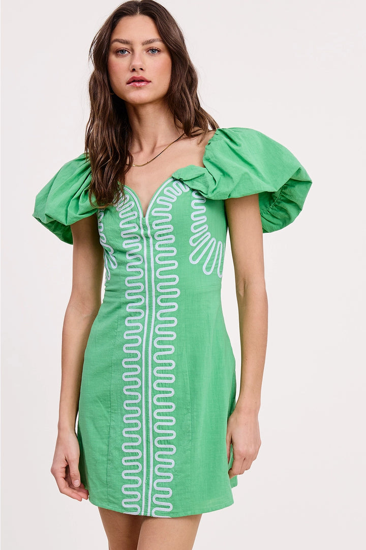 EMBROIDERY DETAIL OFF SHOULDER LINEN MINI DRESS
