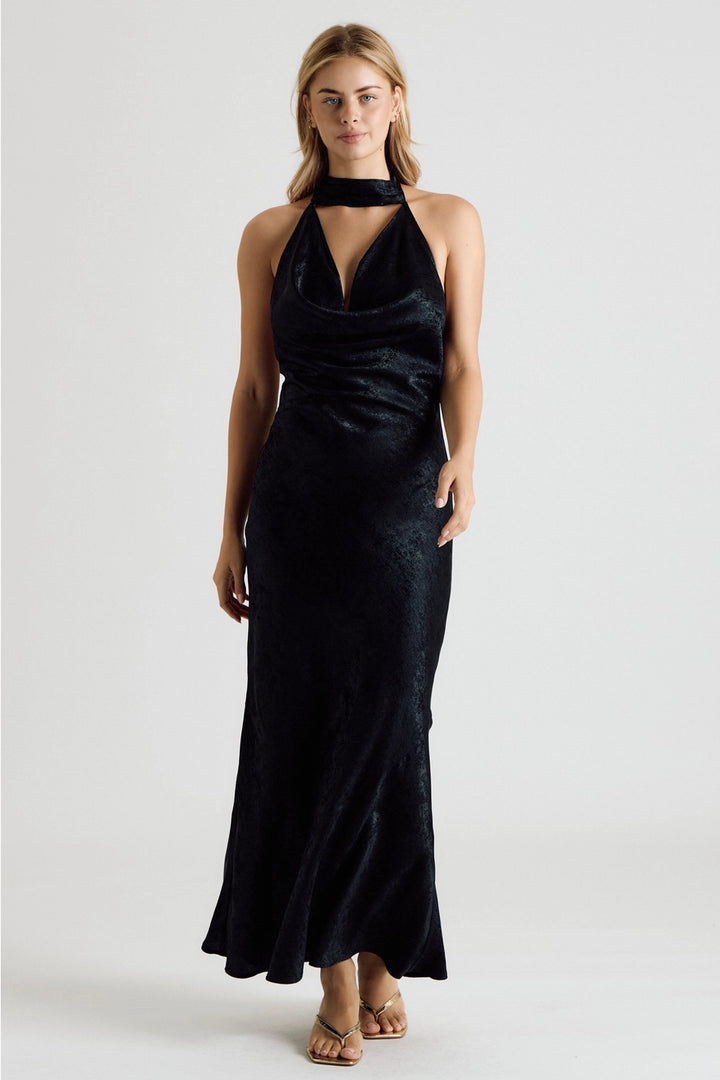 METALLIC HALTER COWL NECK OPEN BACK MAXI DRESS