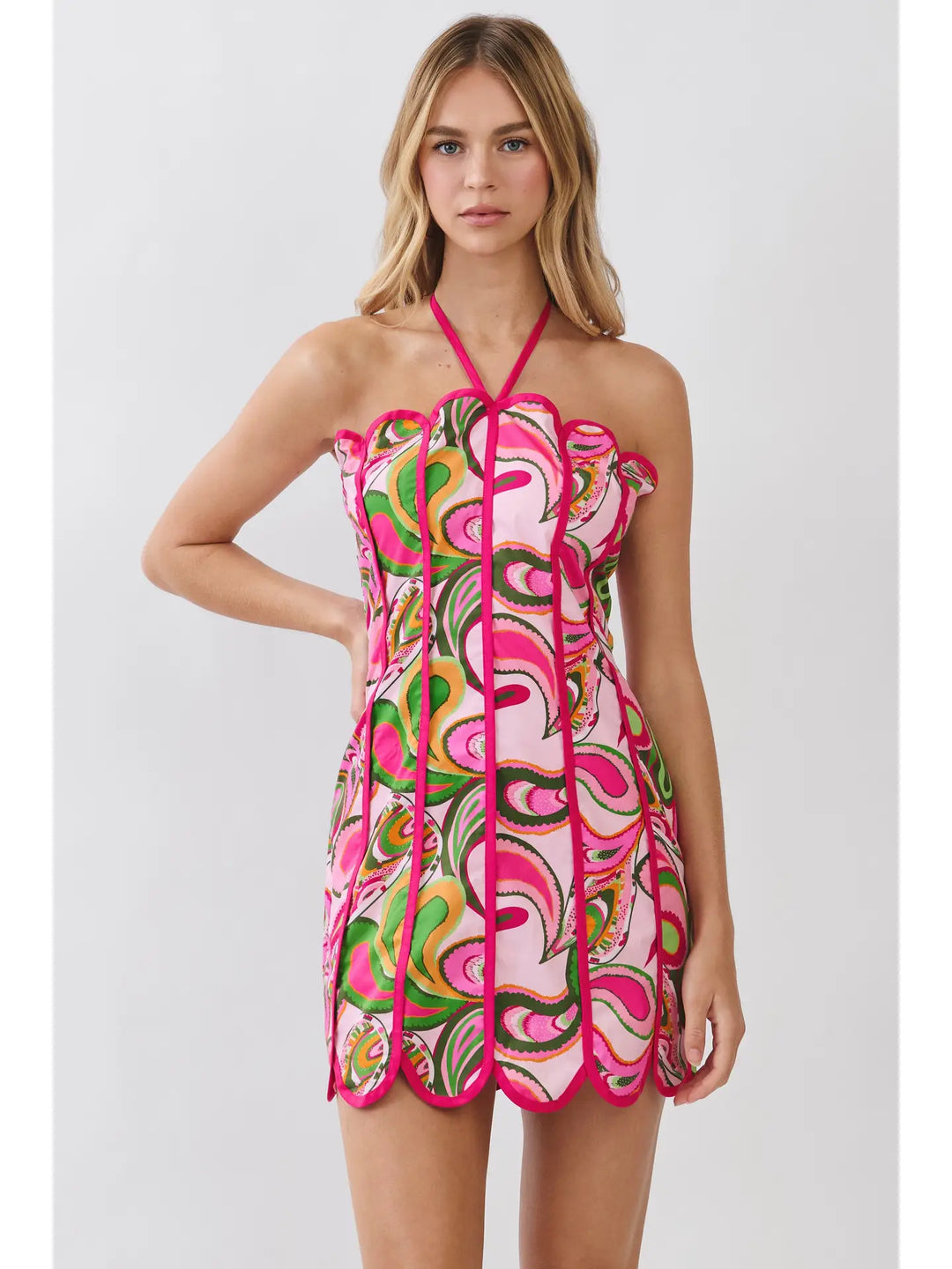 SCALLOPED DETAIL HALTER MINI DRESS