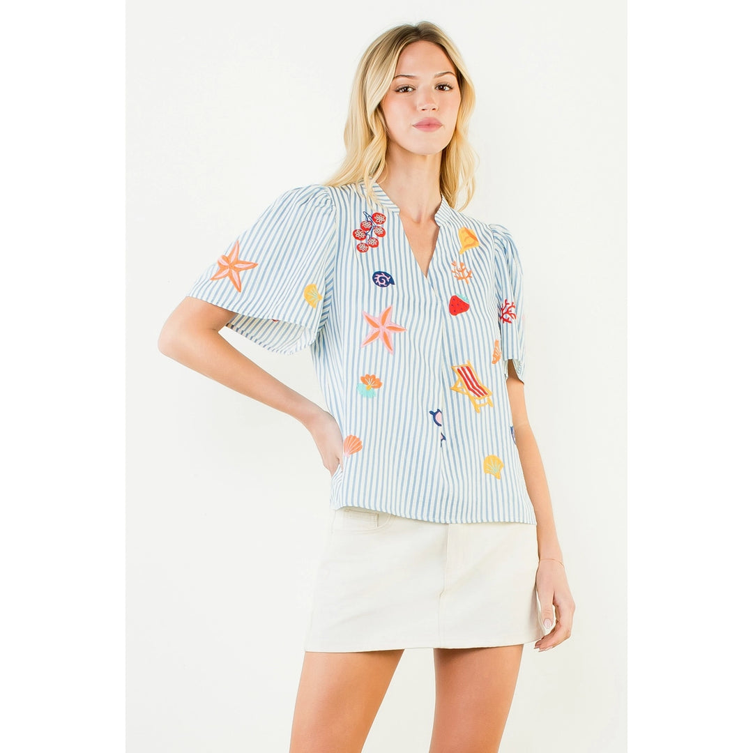 STRIPED EMBROIDERY DETAIL TOP