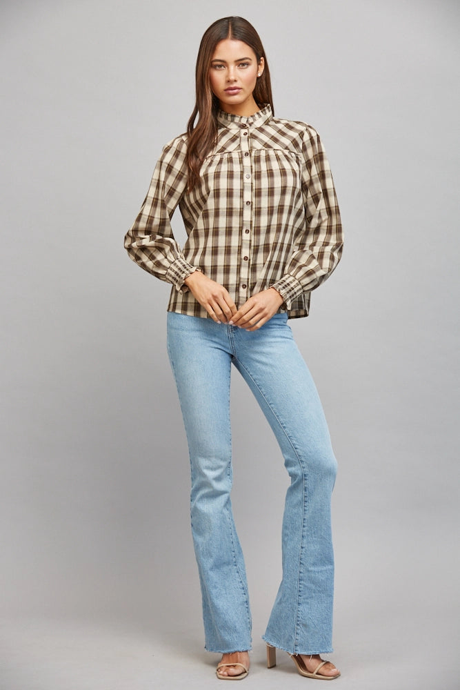 PLAID RUFFLED HIGH COLLAR BUTTON DOWN BLOUSE