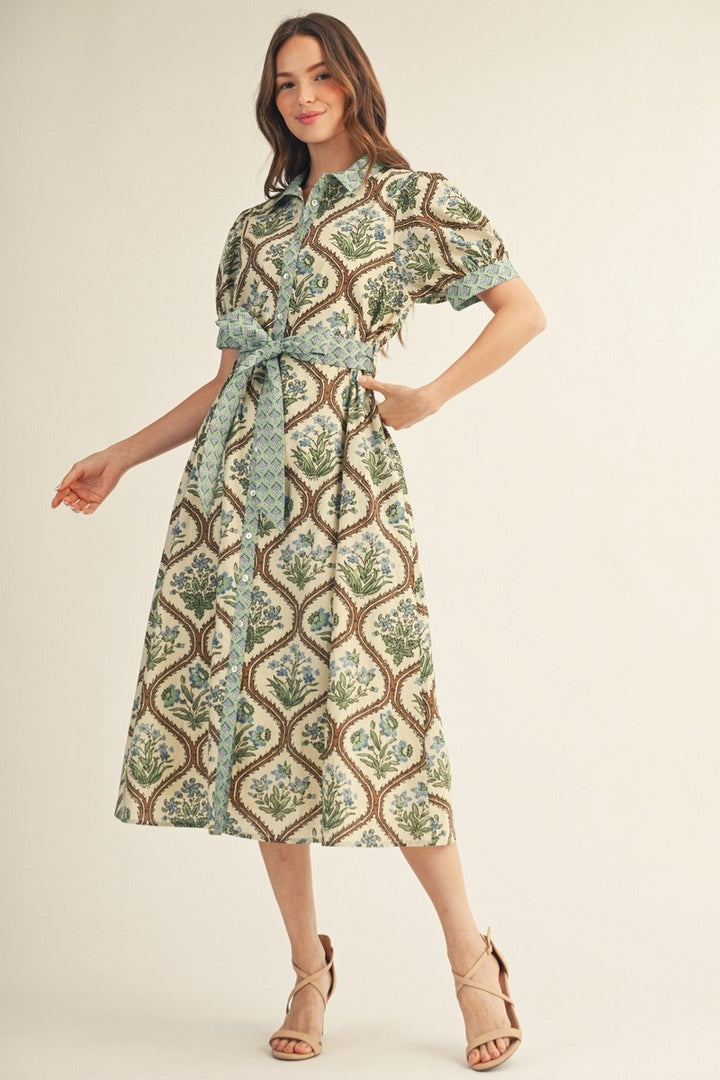 BUTTON DOWN WAIST TIE FLORAL MIDI DRESS
