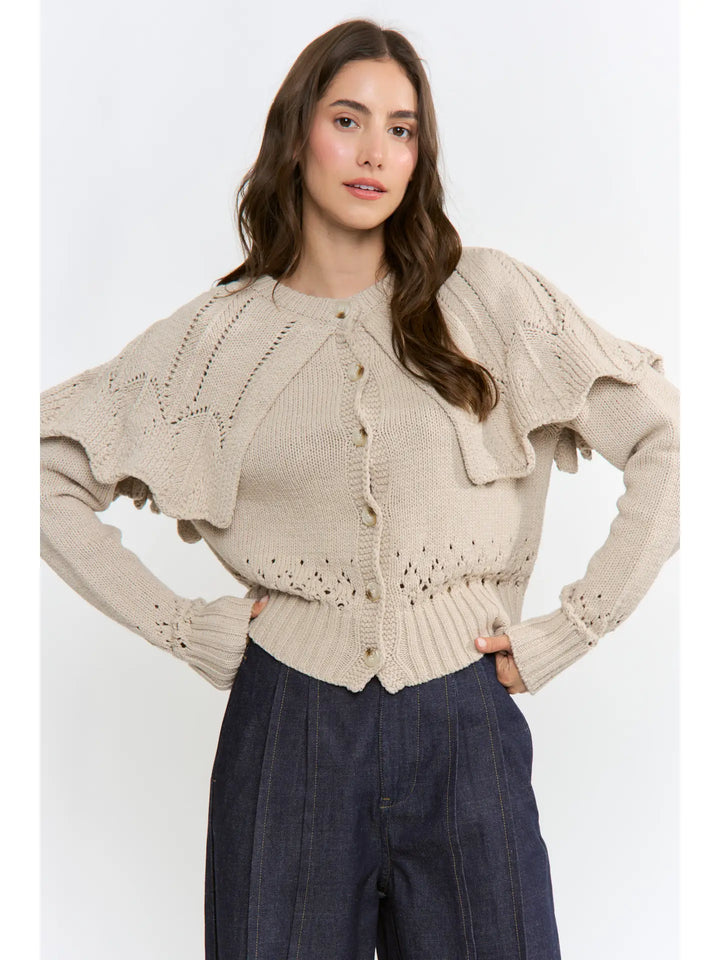 BUTTON-UP KNIT RUFFLED CAPELET CARDIGAN