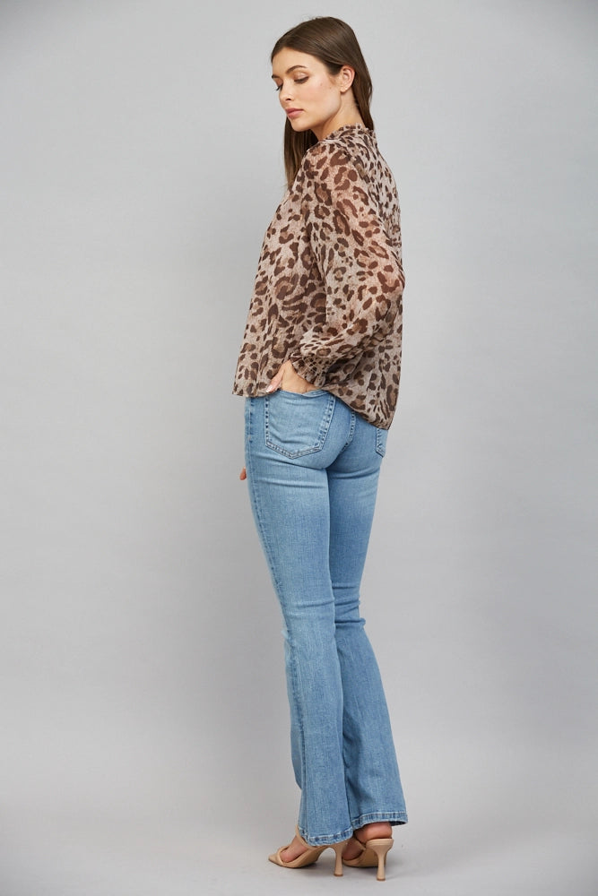 ANIMAL PRINT CHIFFON WITH LUREX SPLIT NECK BLOUSE