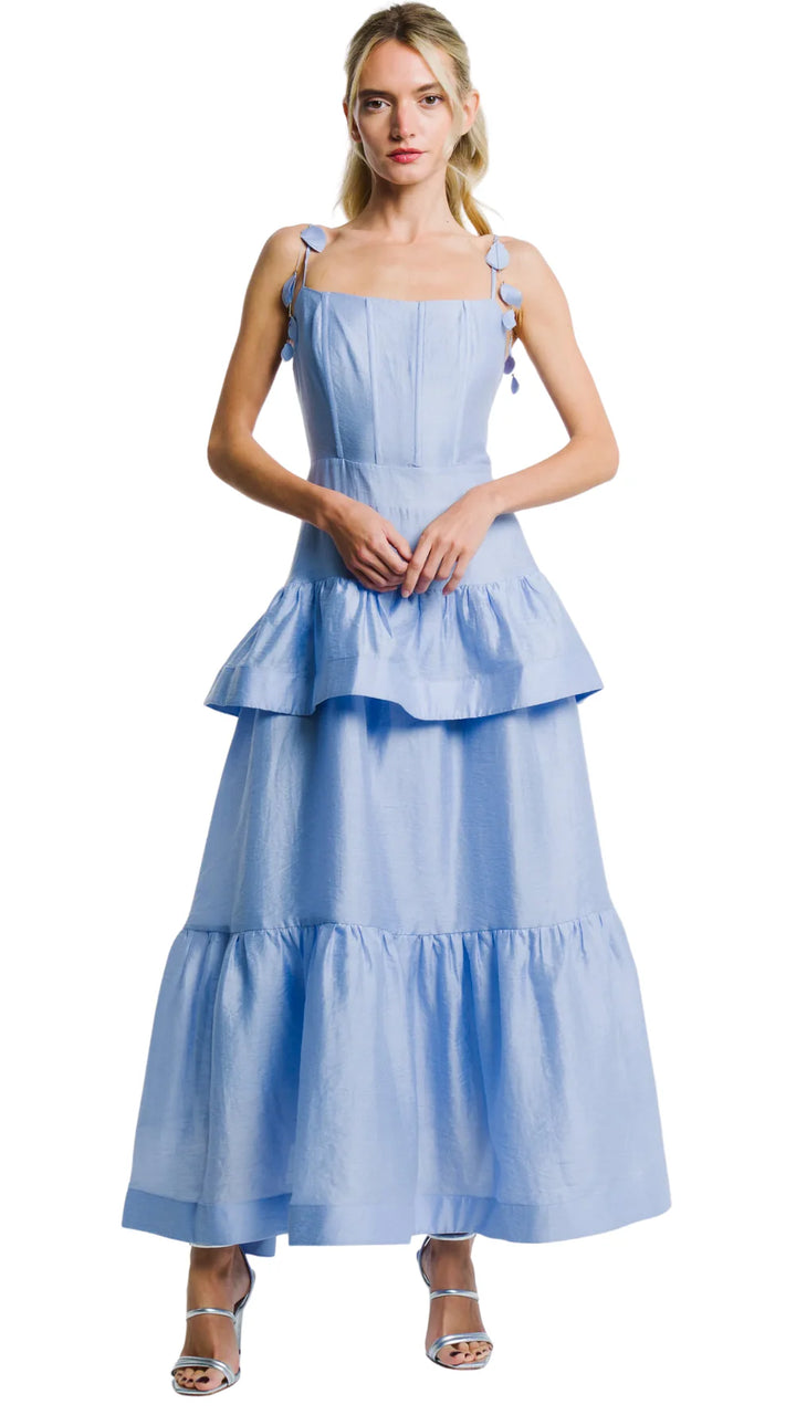 CLAUDETTA FLOWER TRIM RUFFLED MAXI DRESS
