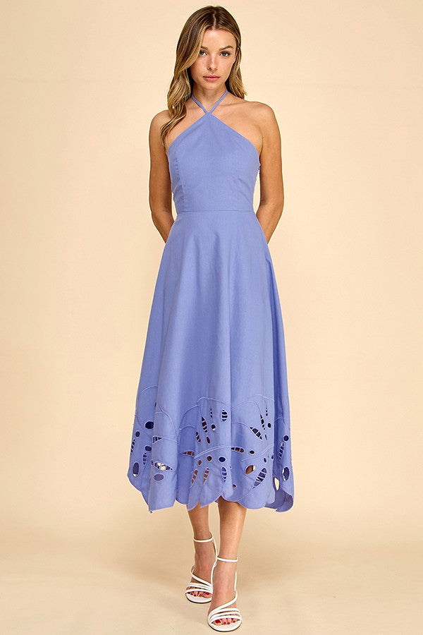 HALTER NECKLINE MIDI DRESS WITH EMBROIDERED DETAIL