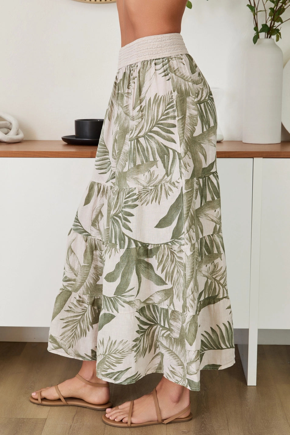 HAWAIIAN PRINT TIERED LINEN MAXI SKIRT