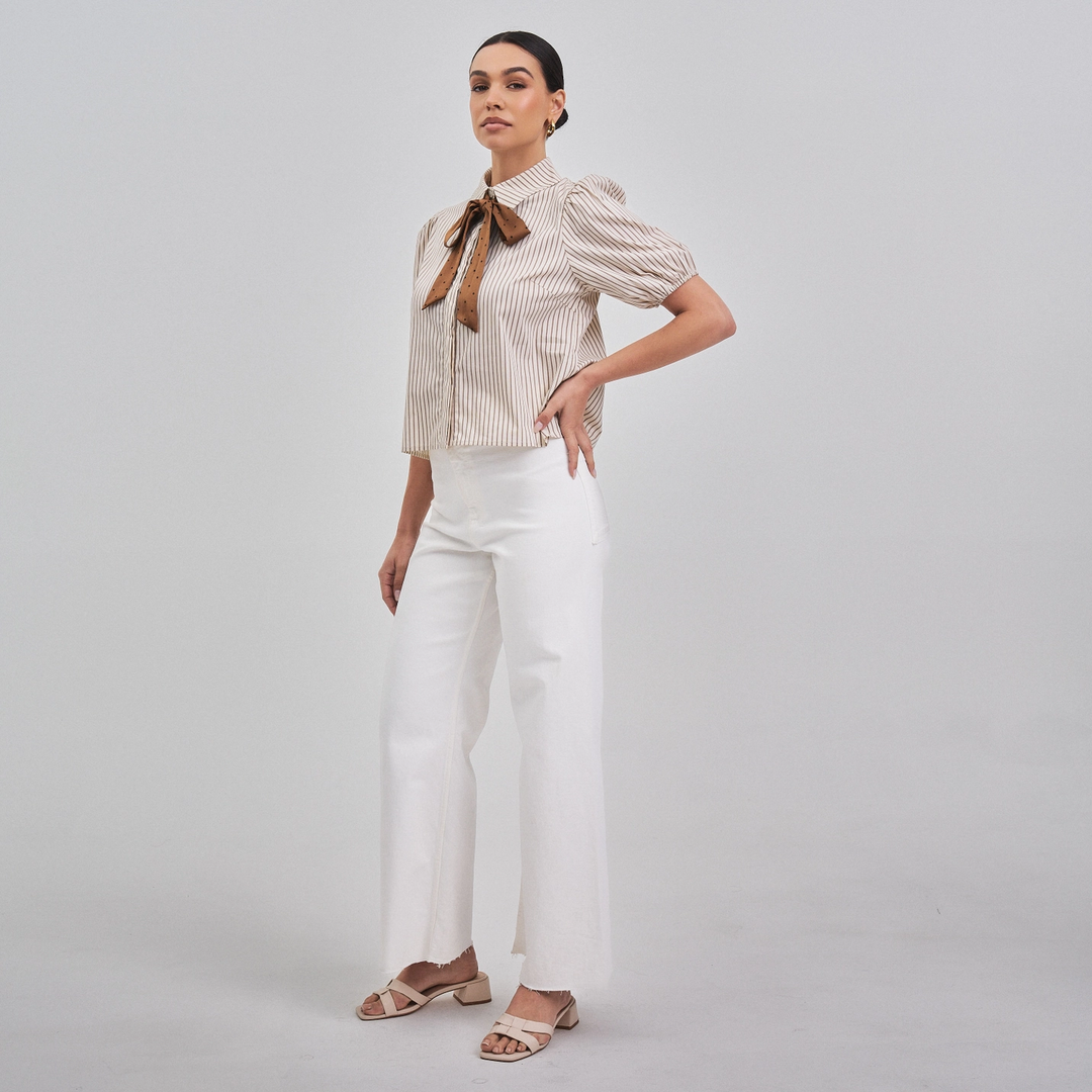 SATIN BOW DETAILED BUTTON DOWN SHIRT TOP