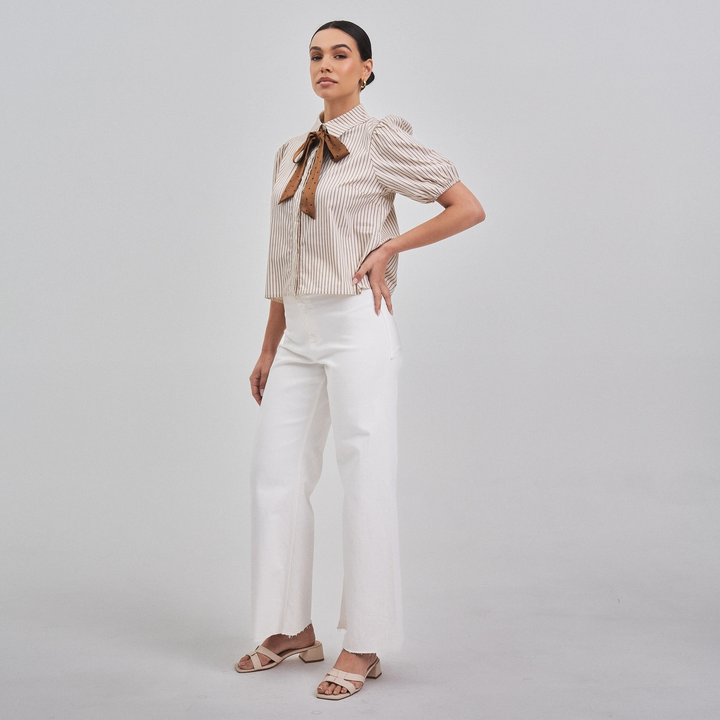 SATIN BOW DETAILED BUTTON DOWN SHIRT TOP