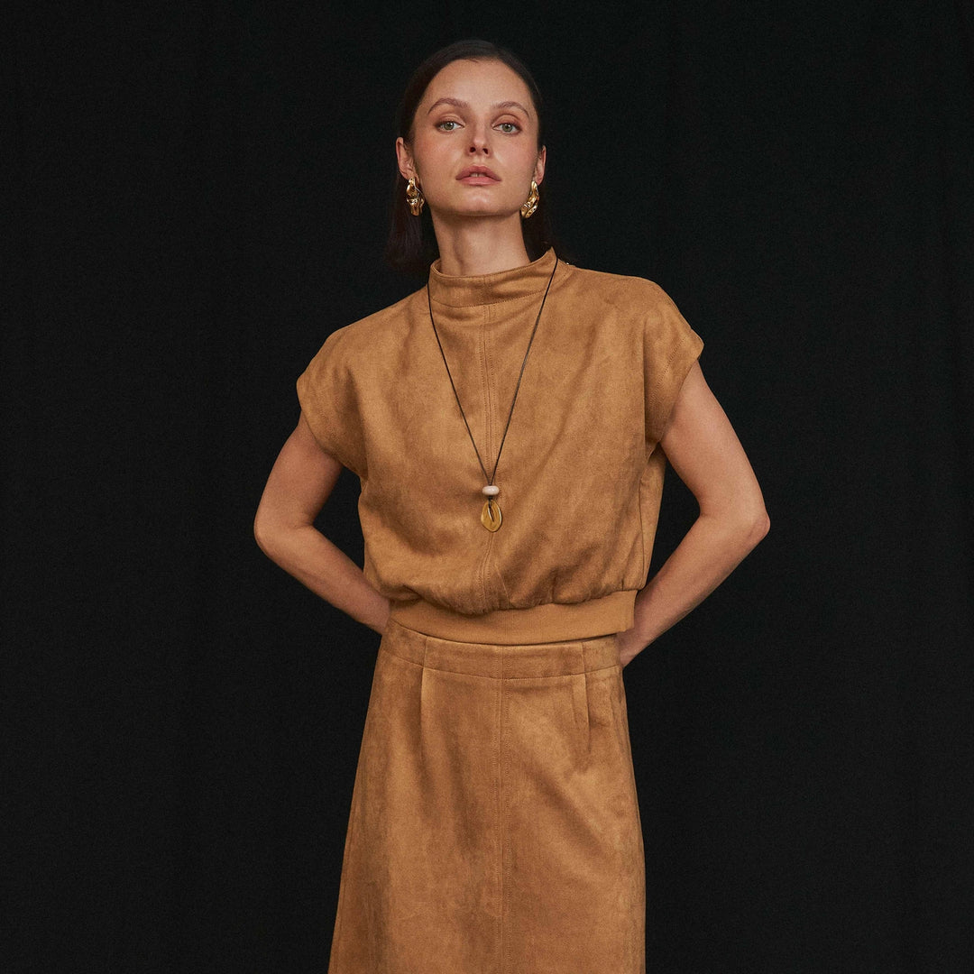 MOCK NECK STRETCH SUEDE TOP &amp; SKIRT SET