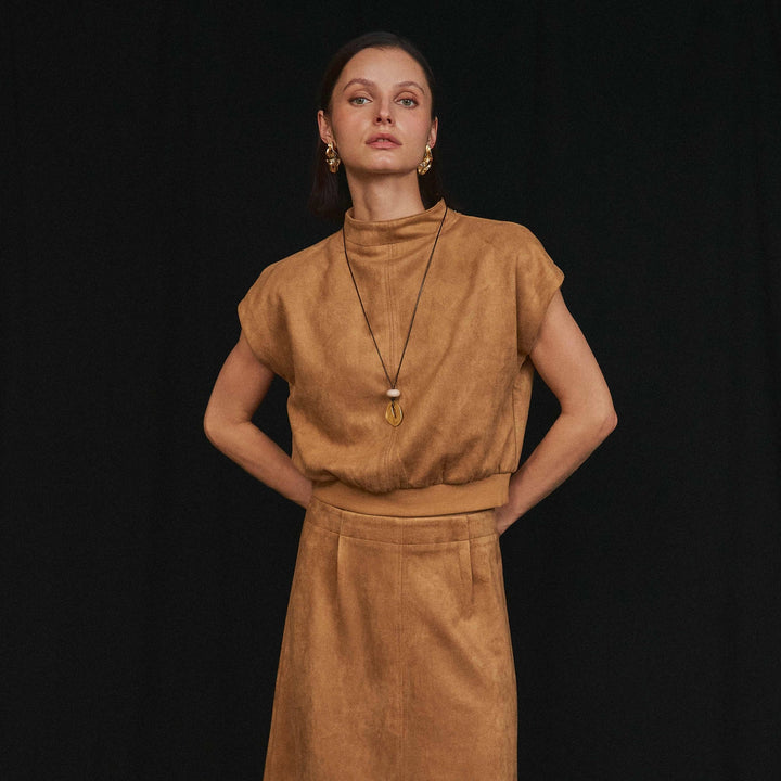 MOCK NECK STRETCH SUEDE TOP &amp; SKIRT SET