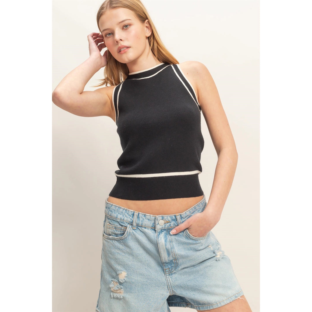 CONTRAST TRIM SLEEVELESS RIBBED TOP