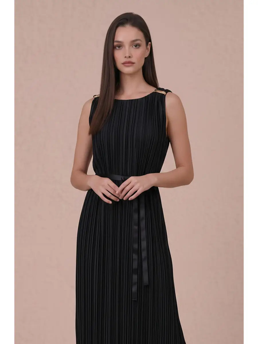 GOLD HARDWARE TRIM PLISSE MIDI DRESS