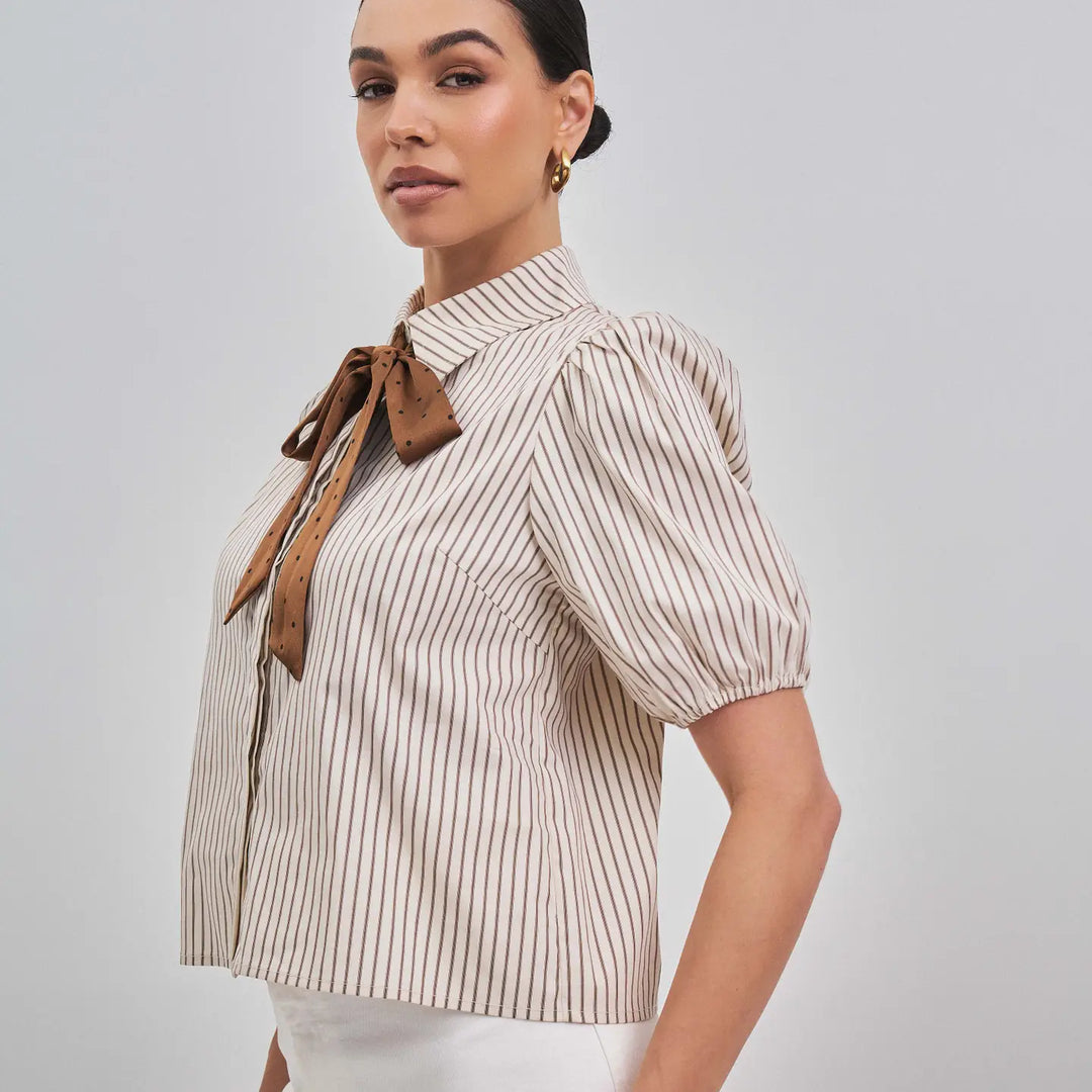 SATIN BOW DETAILED BUTTON DOWN SHIRT TOP