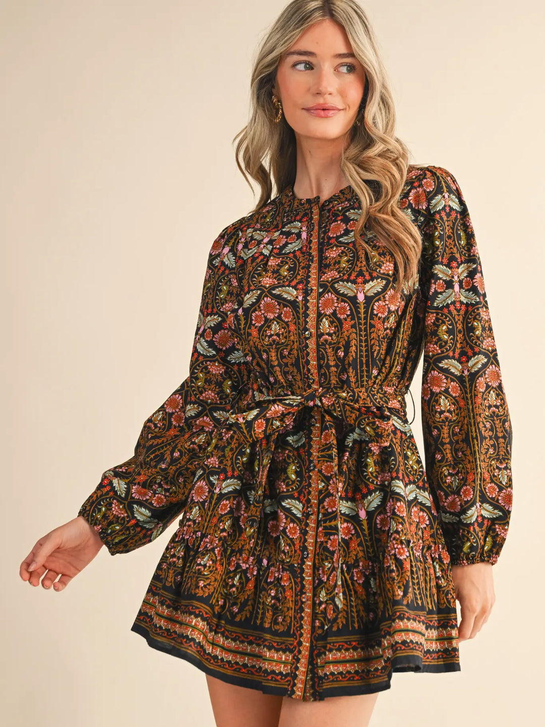 EXCLUSIVE FLORAL PRINT BELTED MINI DRESS