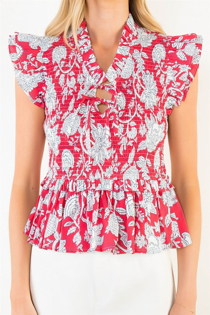 RUFFLED TEXTURED FLORAL TOP