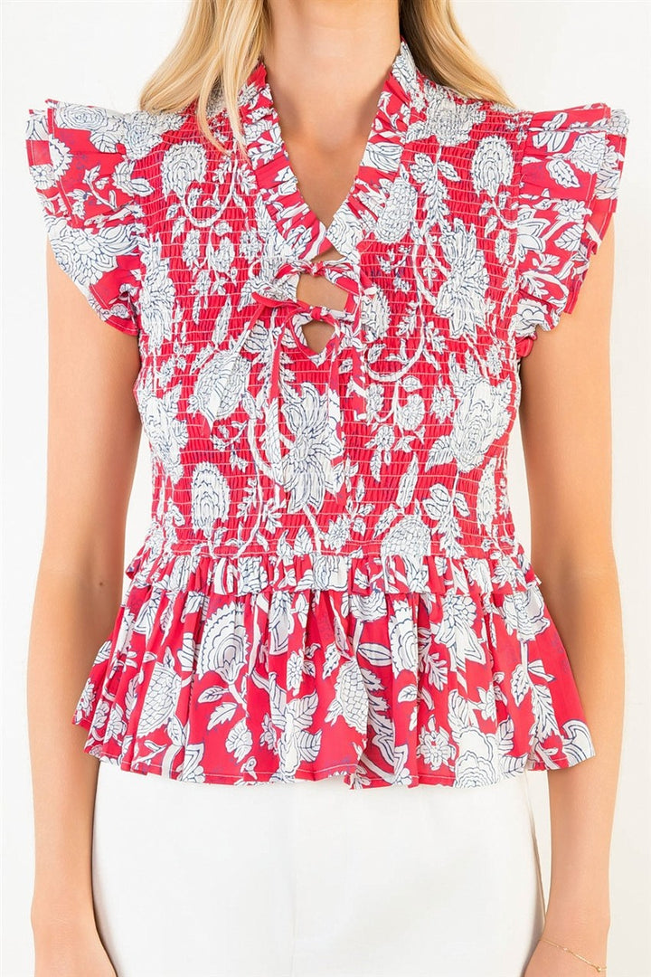 RUFFLED TEXTURED FLORAL TOP