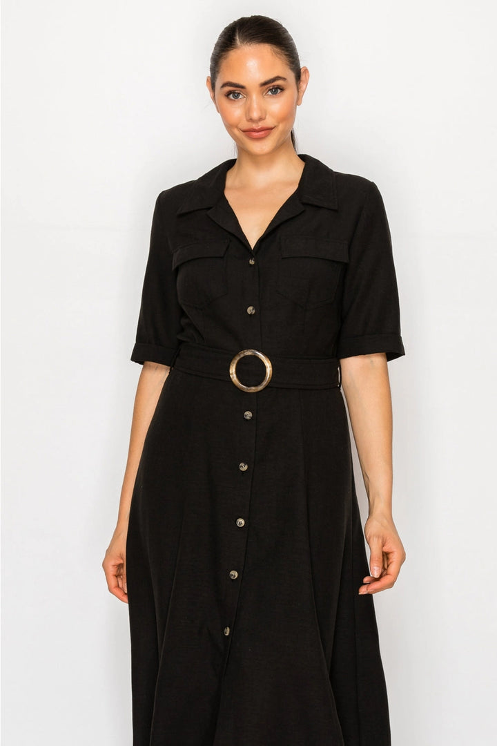 BLACK LINEN SHIRT DRESS