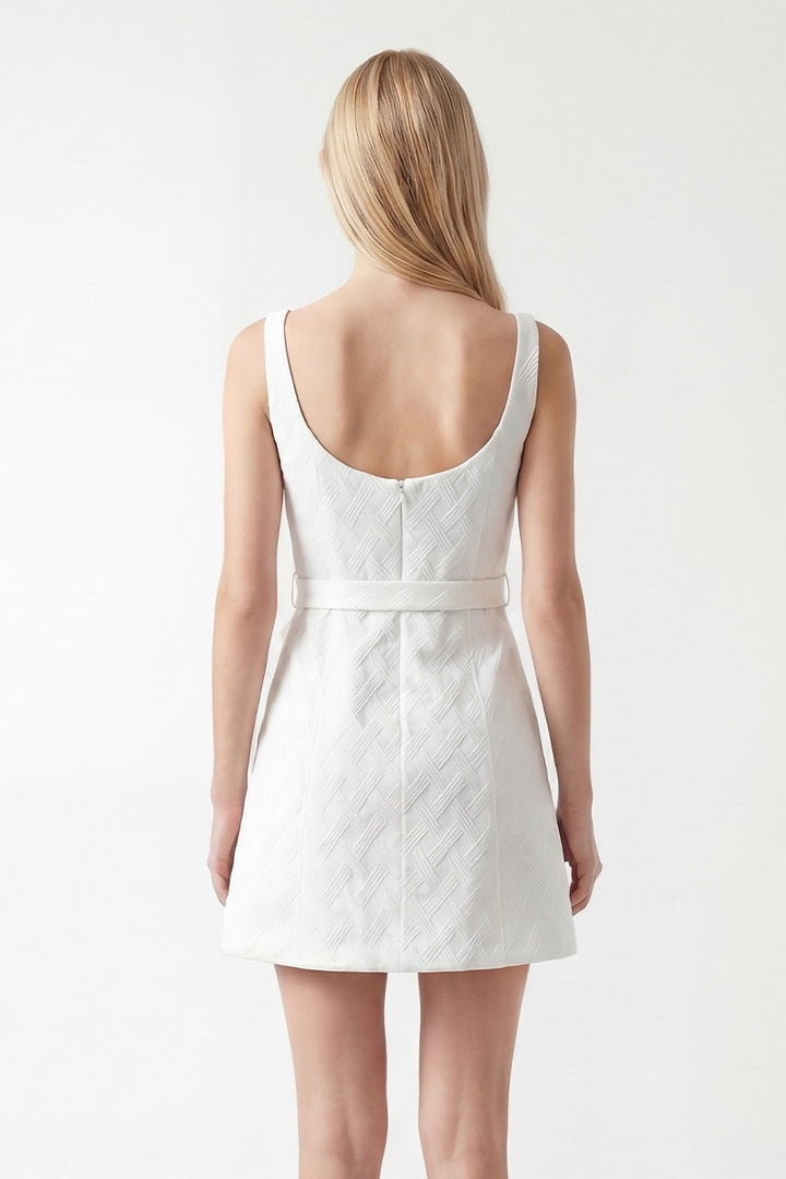 TEXTURED JACQUARD BELTED MINI DRESS