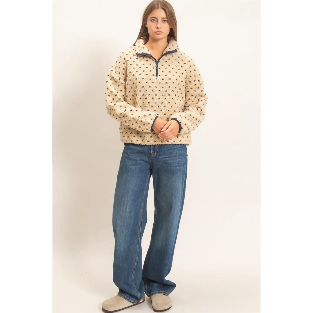 POLKA DOT SHERPA HALF-ZIP PULLOVER