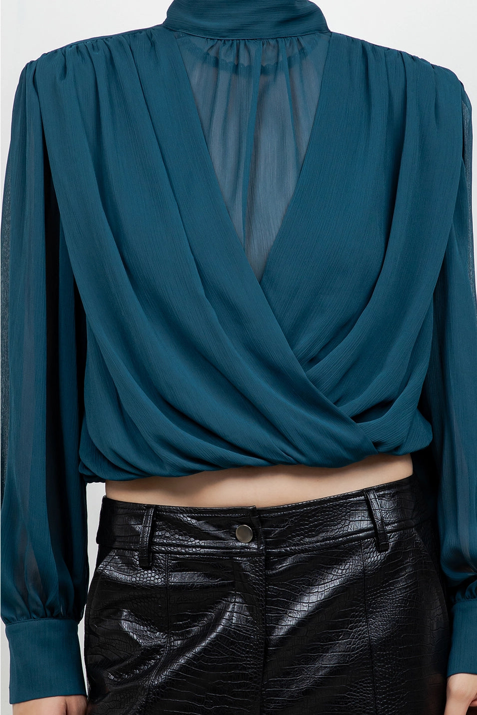 MOCK NECK DRAPE CHIFFON BLOUSE