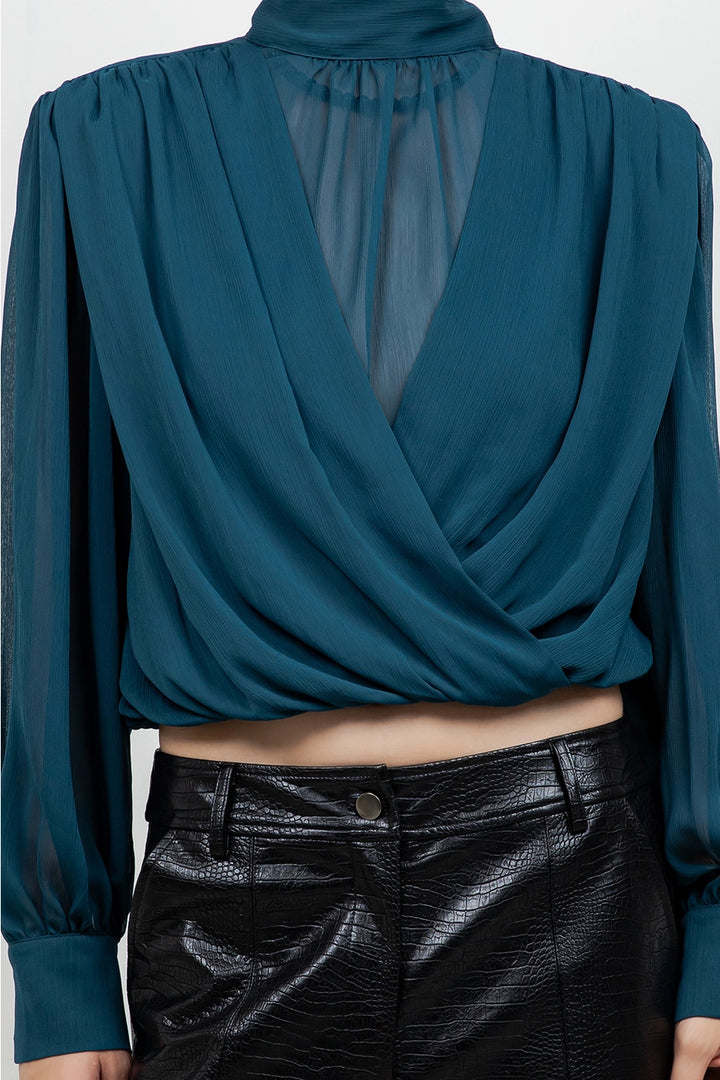 MOCK NECK DRAPE CHIFFON BLOUSE