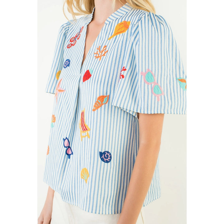 STRIPED EMBROIDERY DETAIL TOP