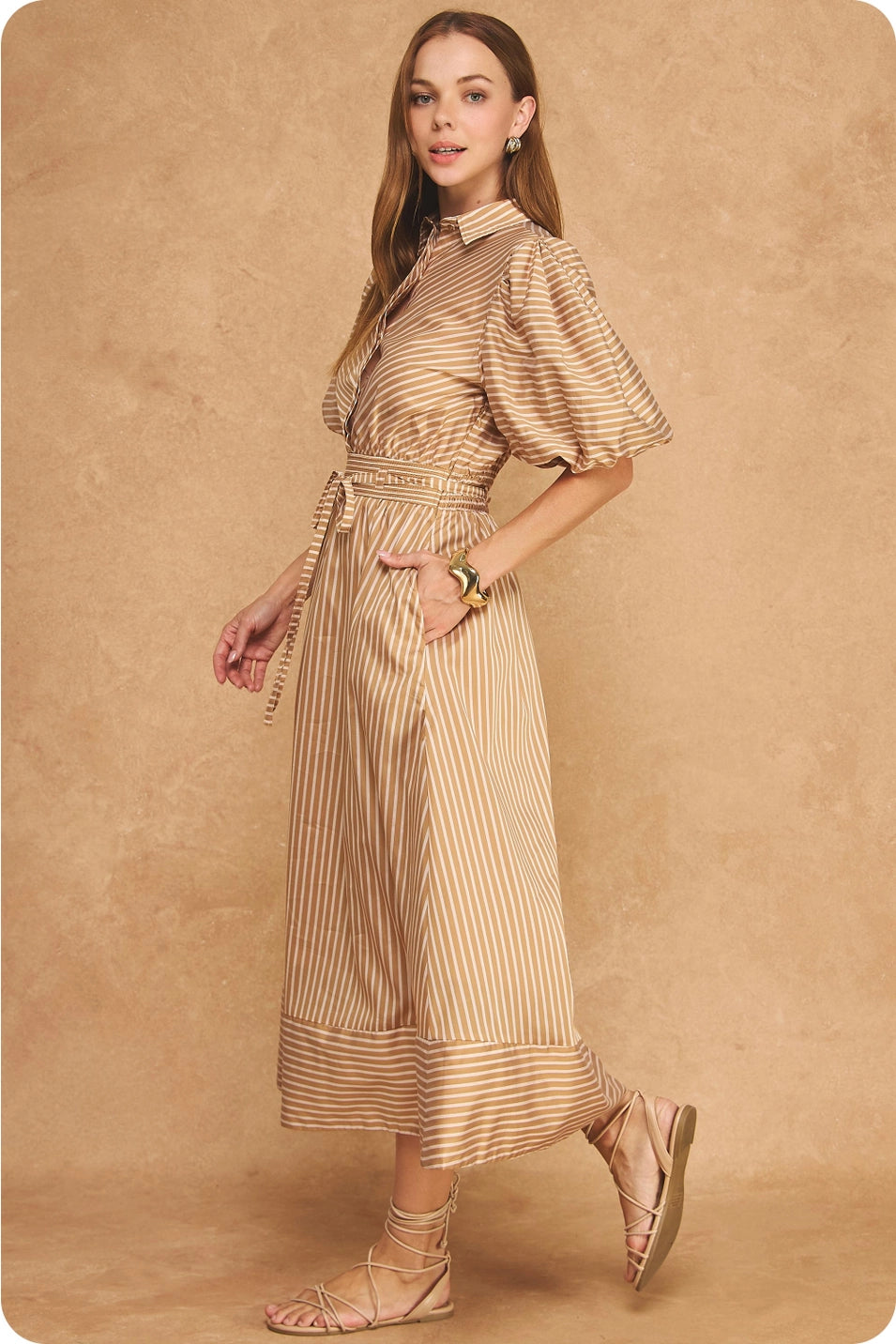 STRIPED TENCEL PUFF SLEEVE SHIRT MIDI DRESS