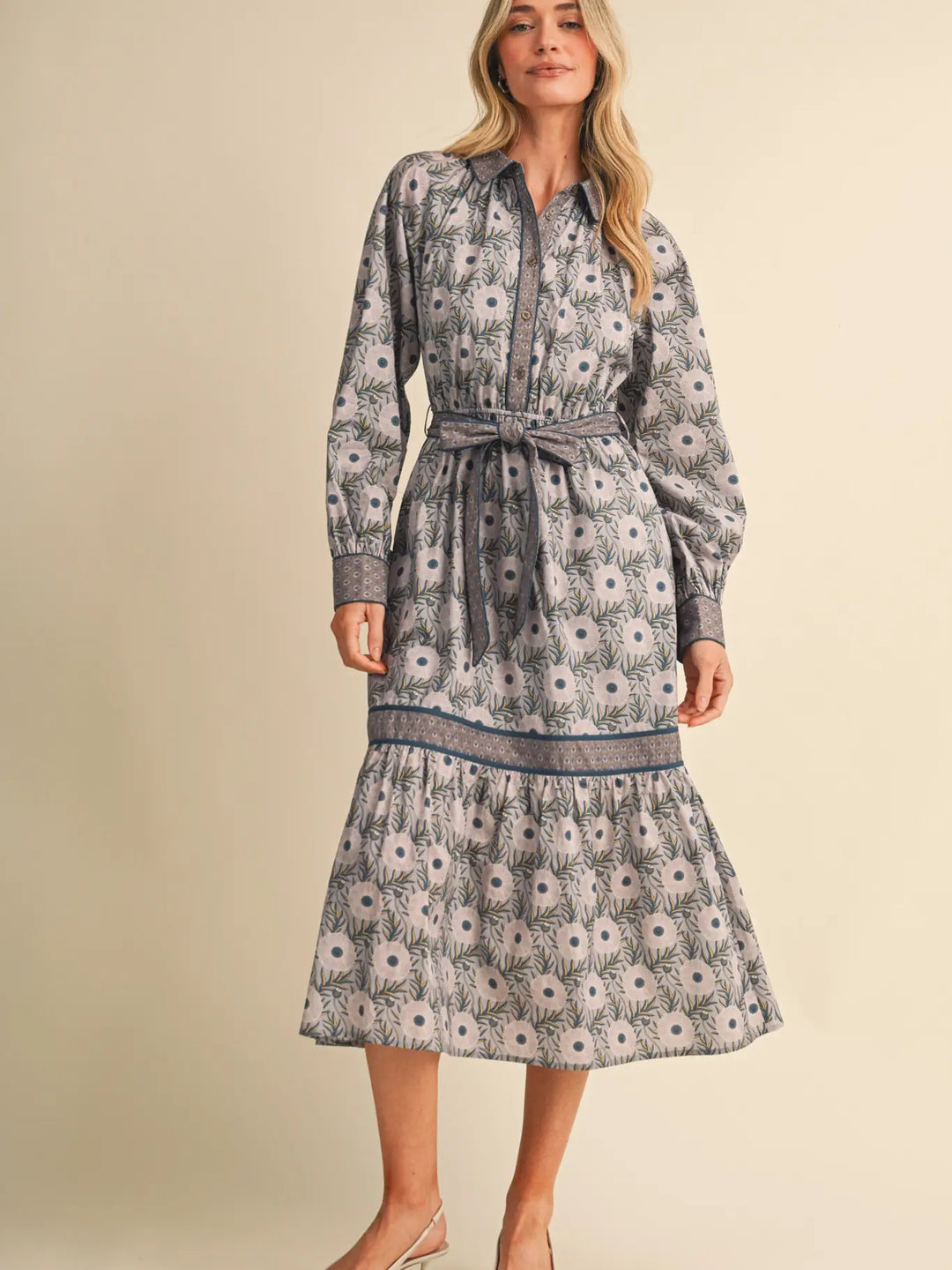MIXED FLORAL BUTTON DOWN BELTED MIDI DRESS