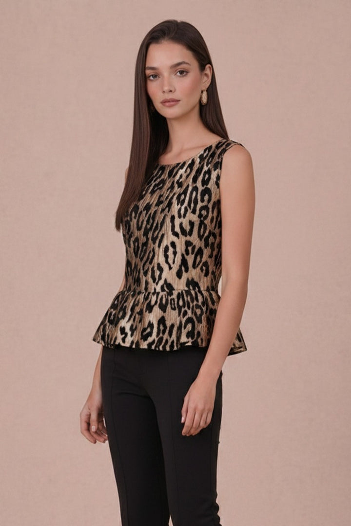 METALLIC LEOPARD JACQUARD PEPLUM TOP