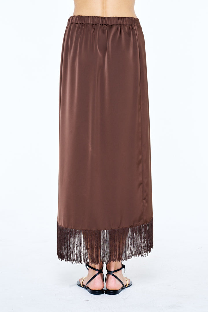 Sana Fringed Satin Wrap Midi Skirt
