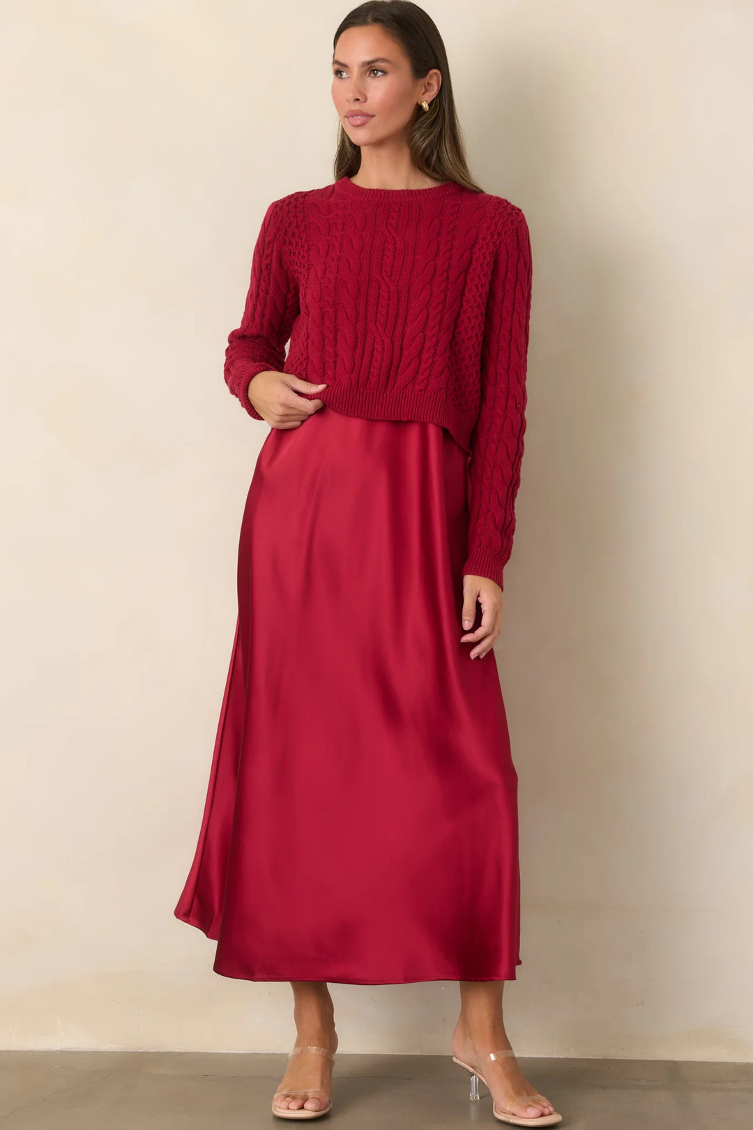 SATIN MIDI DRESS &amp; CABLE KNIT SWEATER SET