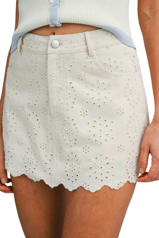 FLORAL EYELET LACE DENIM SKORT