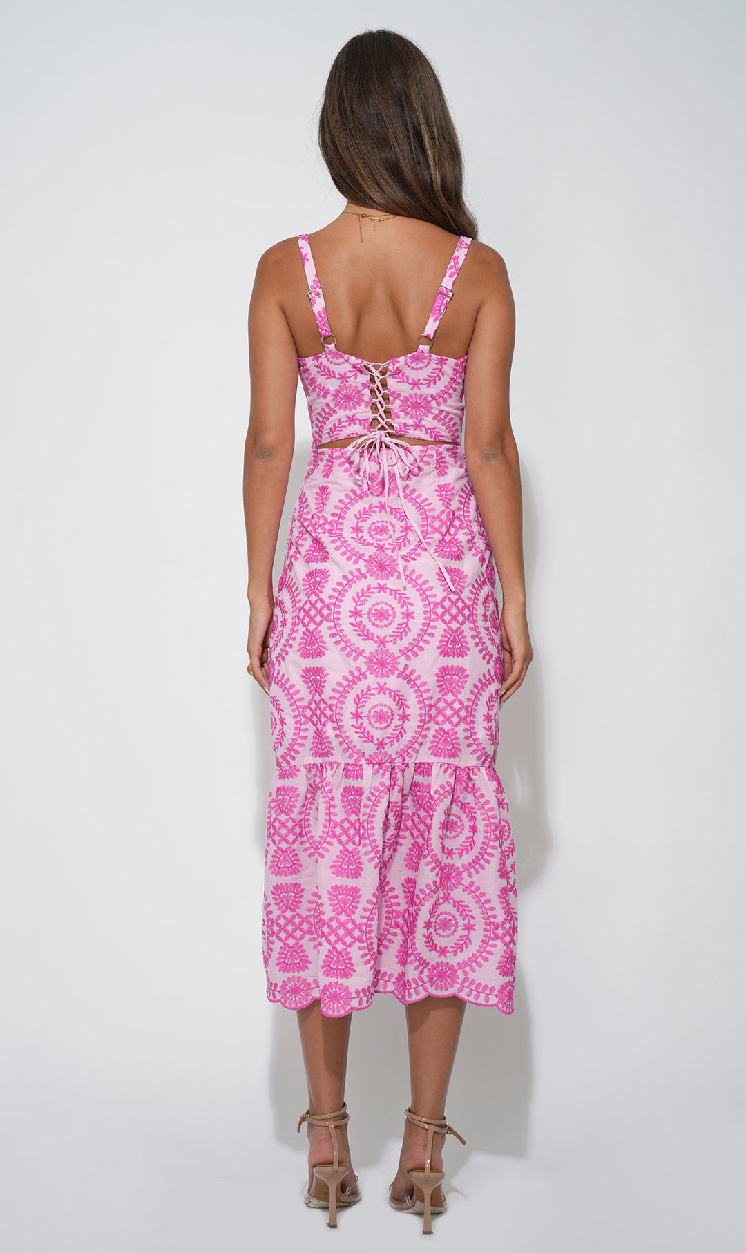 Raelynn Lace Up Tie Back Embroidery Dress